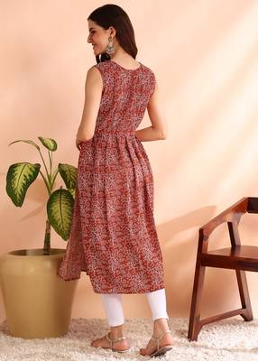 Red poly rayon floral print naira cut kurti 2