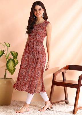 Red poly rayon floral print naira cut kurti 3