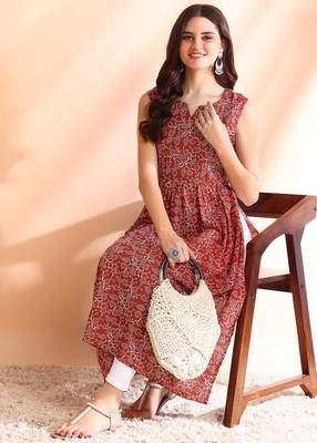 Red poly rayon floral print naira cut kurti 4