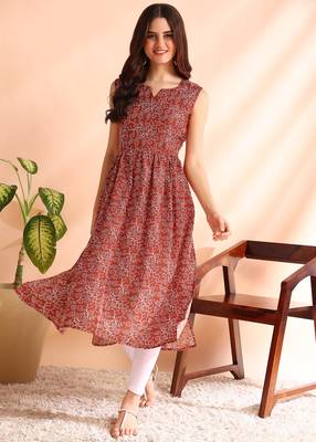 Red poly rayon floral print naira cut kurti 5