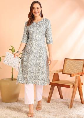 Grey poly rayon printed straight kurti for women 1