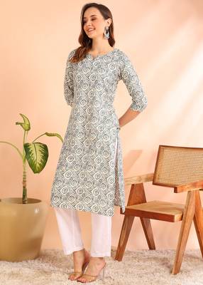 Grey poly rayon printed straight kurti for women 5