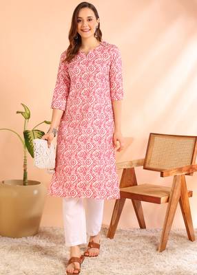 Pink poly rayon printed straight kurti for women 1