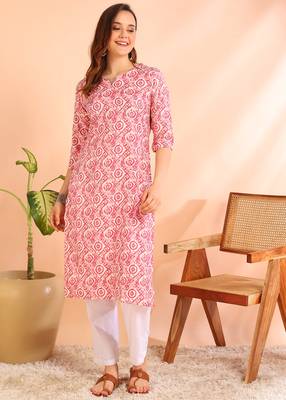 Pink poly rayon printed straight kurti for women 5