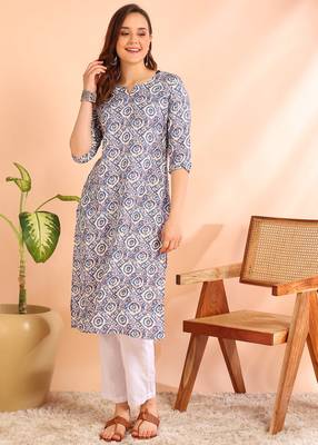 Blue poly rayon printed straight kurti for women 1