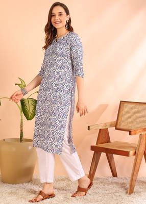 Blue poly rayon printed straight kurti for women 5