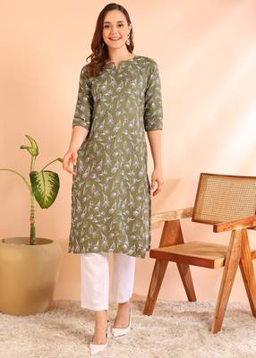 Green poly rayon printed straight kurti for women 1