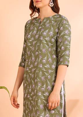 Green poly rayon printed straight kurti for women 4