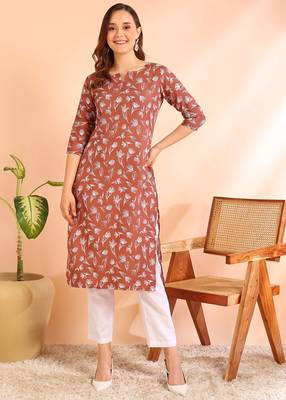 Brown poly rayon printed straight kurti for women 1