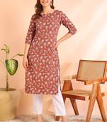 Brown poly rayon printed straight kurti for women
