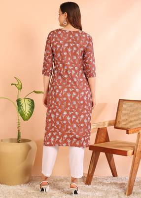Brown poly rayon printed straight kurti for women 2