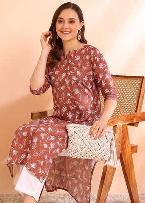 Brown poly rayon printed straight kurti for women 3