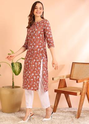 Brown poly rayon printed straight kurti for women 5