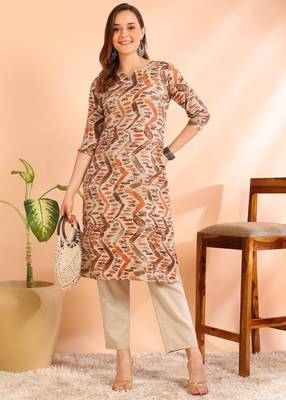 Brown poly rayon printed straight kurti for women 1