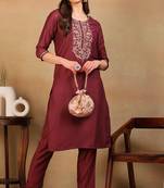 Women mauve embroidered silk kurta