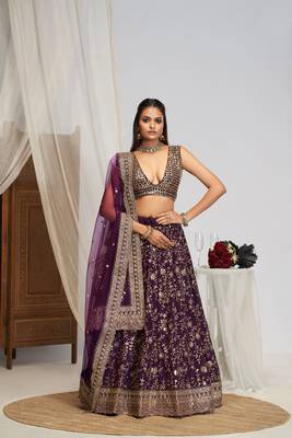 Designer Purple Color Georgette Sequins Embroidered Lehenga Choli with Dupatta set For Wedding  1