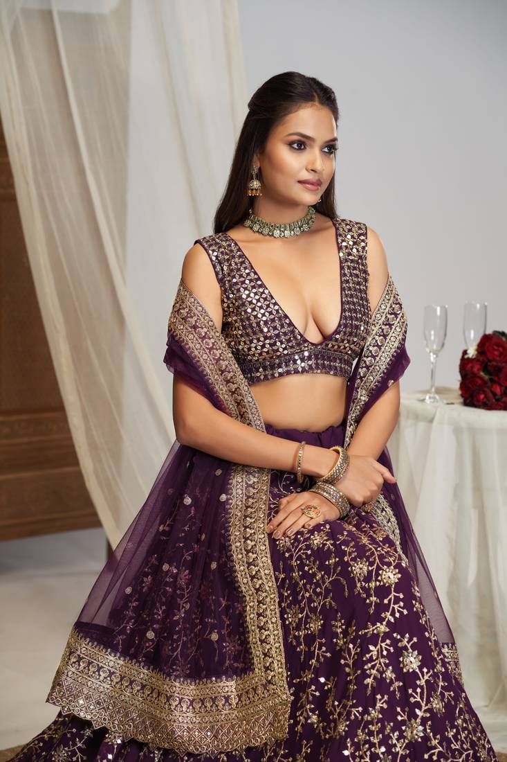 Designer Purple Color Georgette Sequins Embroidered Lehenga Choli with Dupatta set For Wedding 
