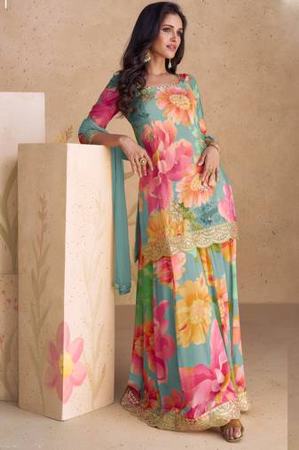 Designer sky blue chinon digital print Palazzo suit