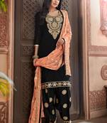 Black Embroidered Chanderi Semi Stitched Punjabi Salwar Suit