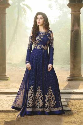 Blue embroidered georgette semi stitched anarkali churidar suit 1