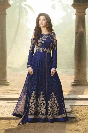 Blue embroidered georgette semi stitched anarkali churidar suit