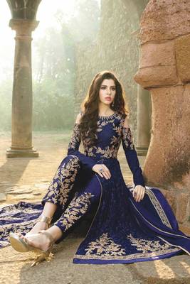 Blue embroidered georgette semi stitched anarkali churidar suit 2
