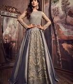 Greyish blue embroidered silk semi stitched anarkali churidar suit