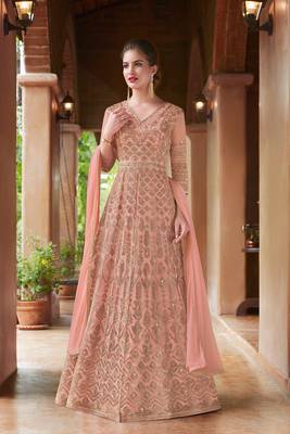 Peach embroidered georgette semi stitched anarkali churidar suit 1