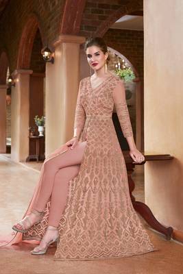 Peach embroidered georgette semi stitched anarkali churidar suit 2