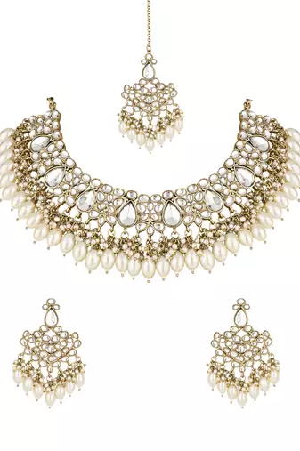 traditional kundan pearl hanging choker necklace jewellery set