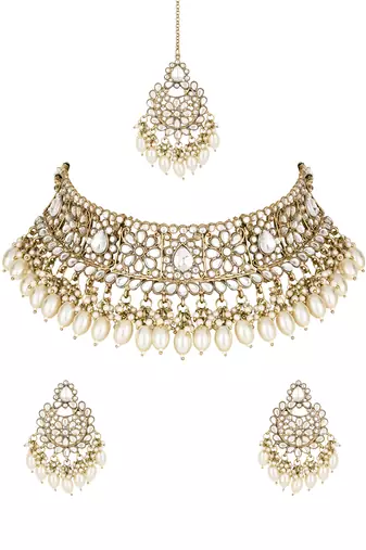 traditional pearl kundan studded choker jewellery necklace set