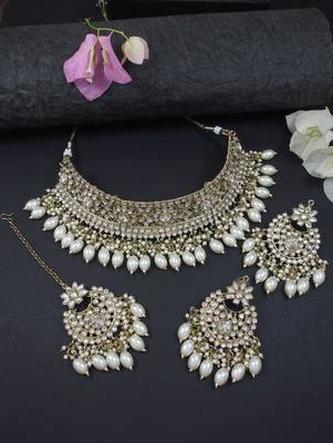 traditional kundan pearl hanging choker necklace jewellery set 1