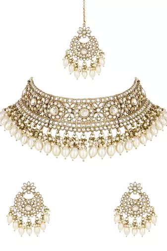 traditional kundan pearl hanging choker necklace jewellery set