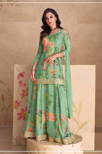 Sky embroidered chinon silk free size stitched palazzo style salwar suit