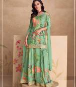 Sky embroidered chinon silk free size stitched palazzo style salwar suit