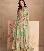 Beige embroidered chinon silk free size stitched palazzo style salwar suit