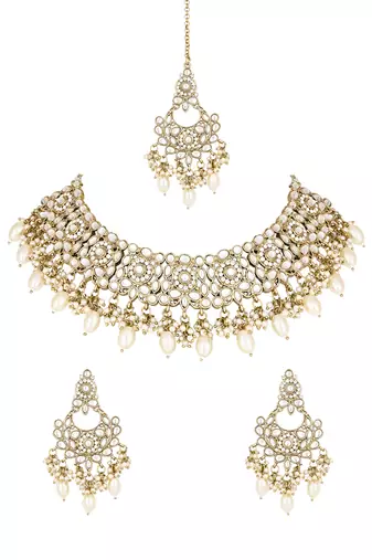 traditional kundan pearl drop bridal choker necklace jewellery set