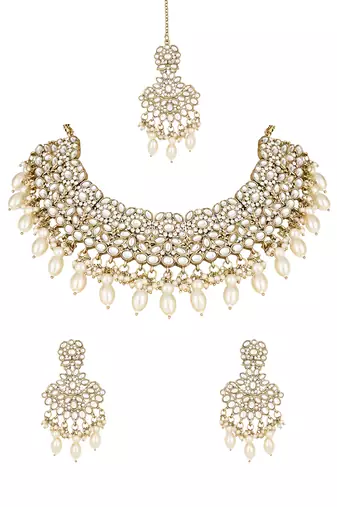traditional kundan pearl drop bridal choker necklace  jewellery set
