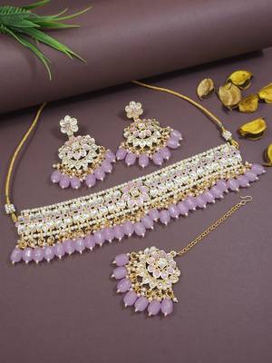 I jewels traditional kundan studded pearl choker necklace jewellery set 1