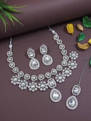 silver plated traditional kundan stone choker necklace jewellery set 1