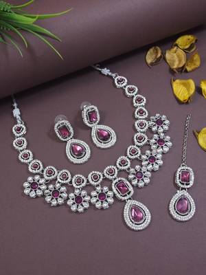 stylish silver plated traditional kundan stone necklace jewellery set 1