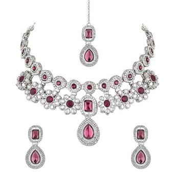 stylish silver plated traditional kundan stone necklace jewellery set 2