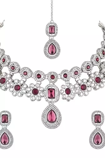 stylish silver plated traditional kundan stone necklace jewellery set