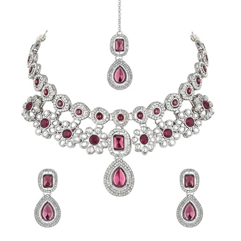 stylish silver plated traditional kundan stone necklace jewellery set