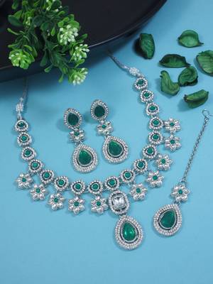 silver plated traditional kundan stone necklace jewellery set 1