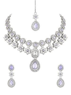 silver plated traditional kundan stone choker necklace jewellery set 1