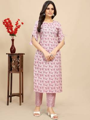 women's cotton blend straight printed daily wear casual kurta & pant set 1
