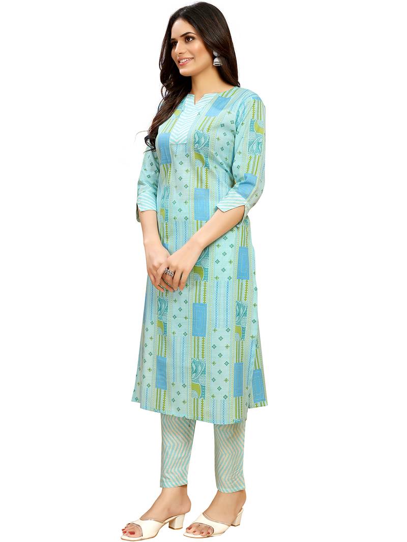 women's cotton blend straight printed daily wear casual kurta & pant set