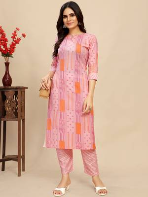 women's cotton blend straight printed daily wear casual kurta & pant set 1