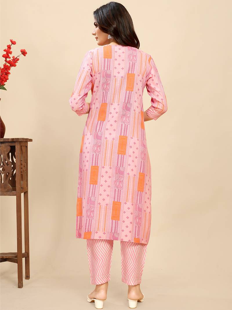 Leeza store women's cotton blend straight printed daily wear casual kurta & pant set